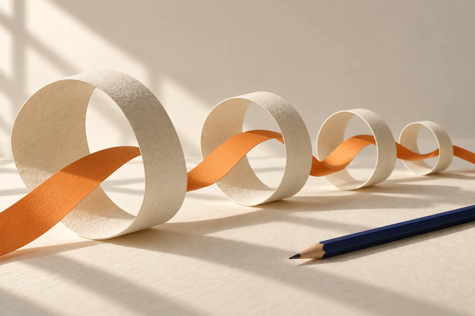 An orange ribbon connects four cream paper frames in a continuous sequence.