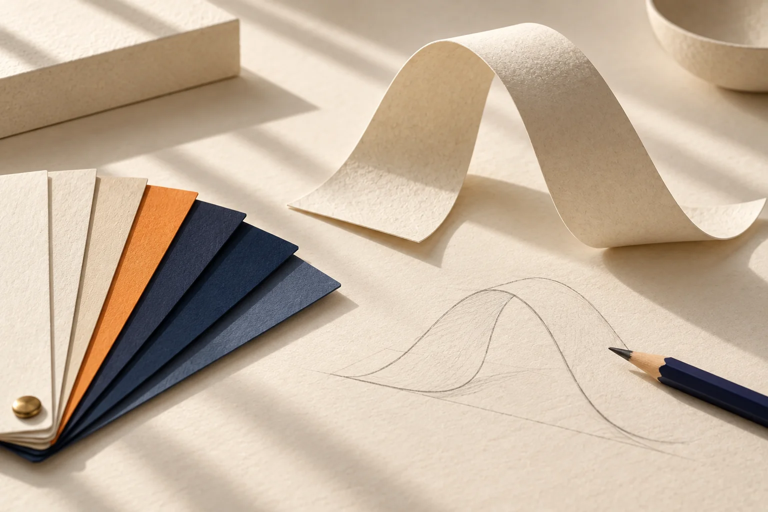 Paper swatches, a folded form, and a pencil study on a warm ivory surface.
