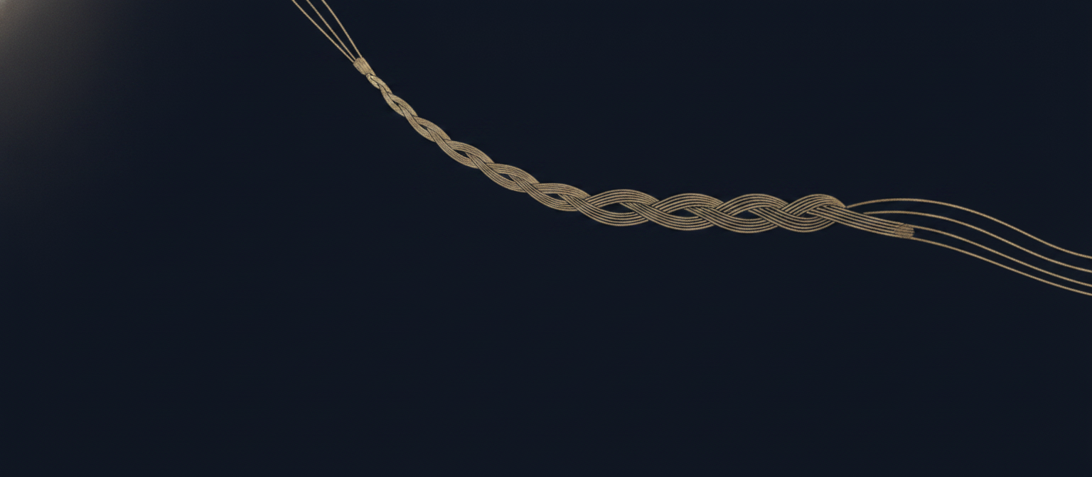Four separate strands of gold cord twisting together into one braided line running toward the light.
