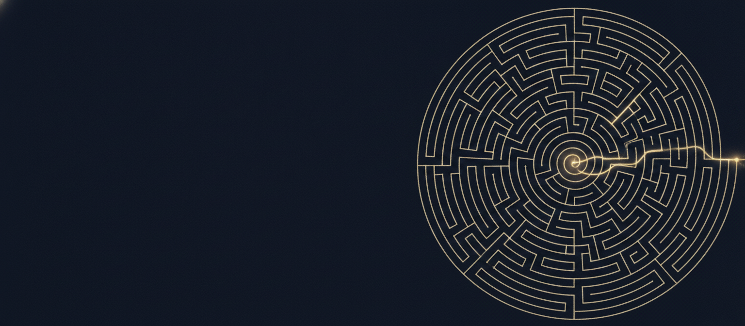 A labyrinth seen from above in fine gold linework, with one brighter thread finding its own route through to the centre.
