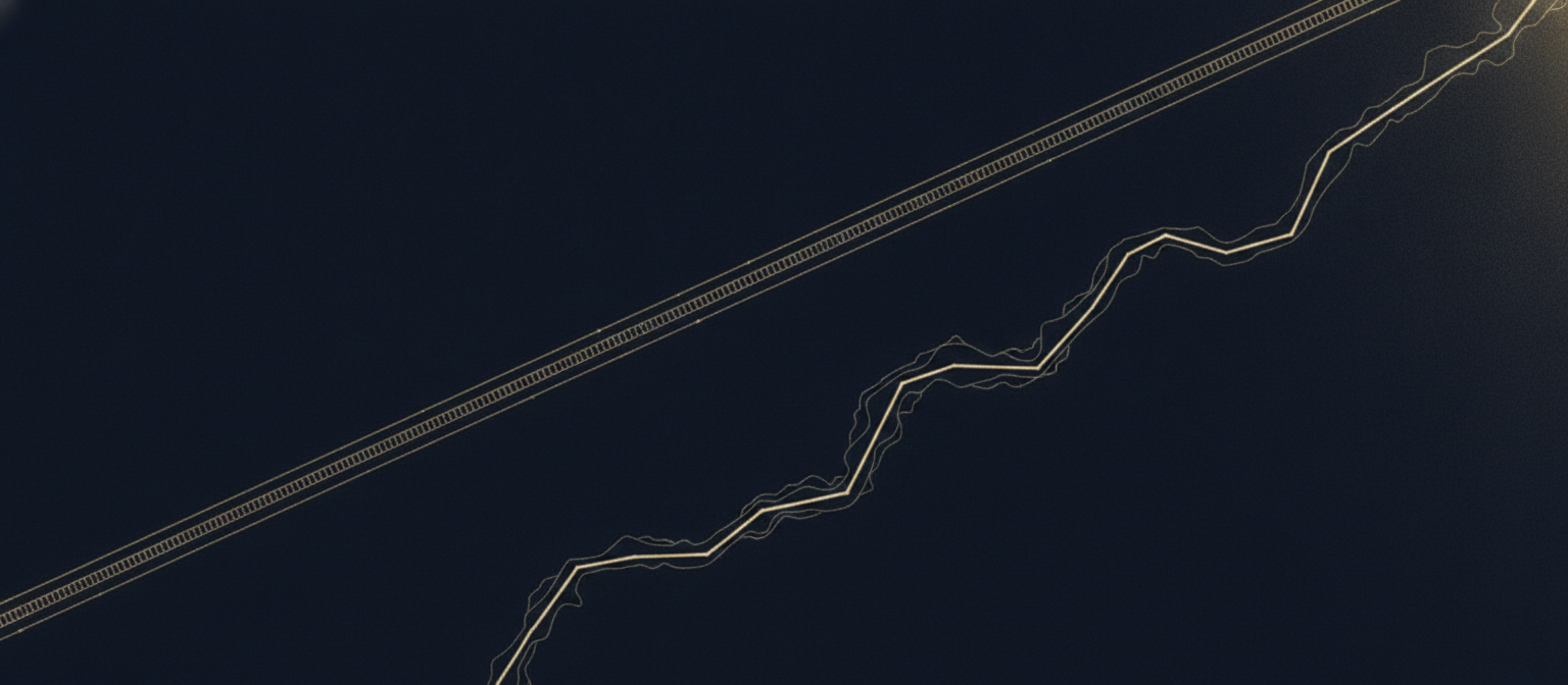 Two routes crossing dark ground in gold linework: one perfectly straight and surveyed, the other winding and exploratory.