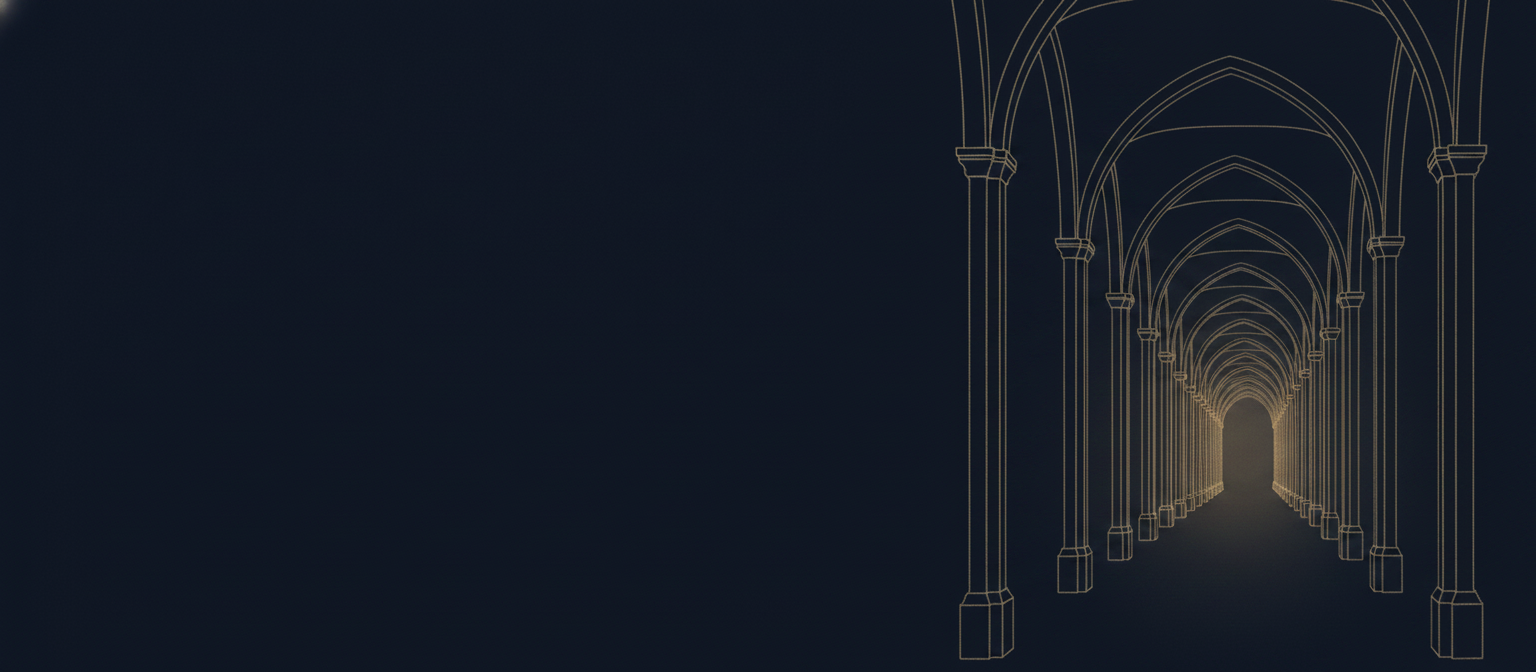 A long colonnade of arches drawn in fine gold linework on deep navy, receding toward a soft point of light.